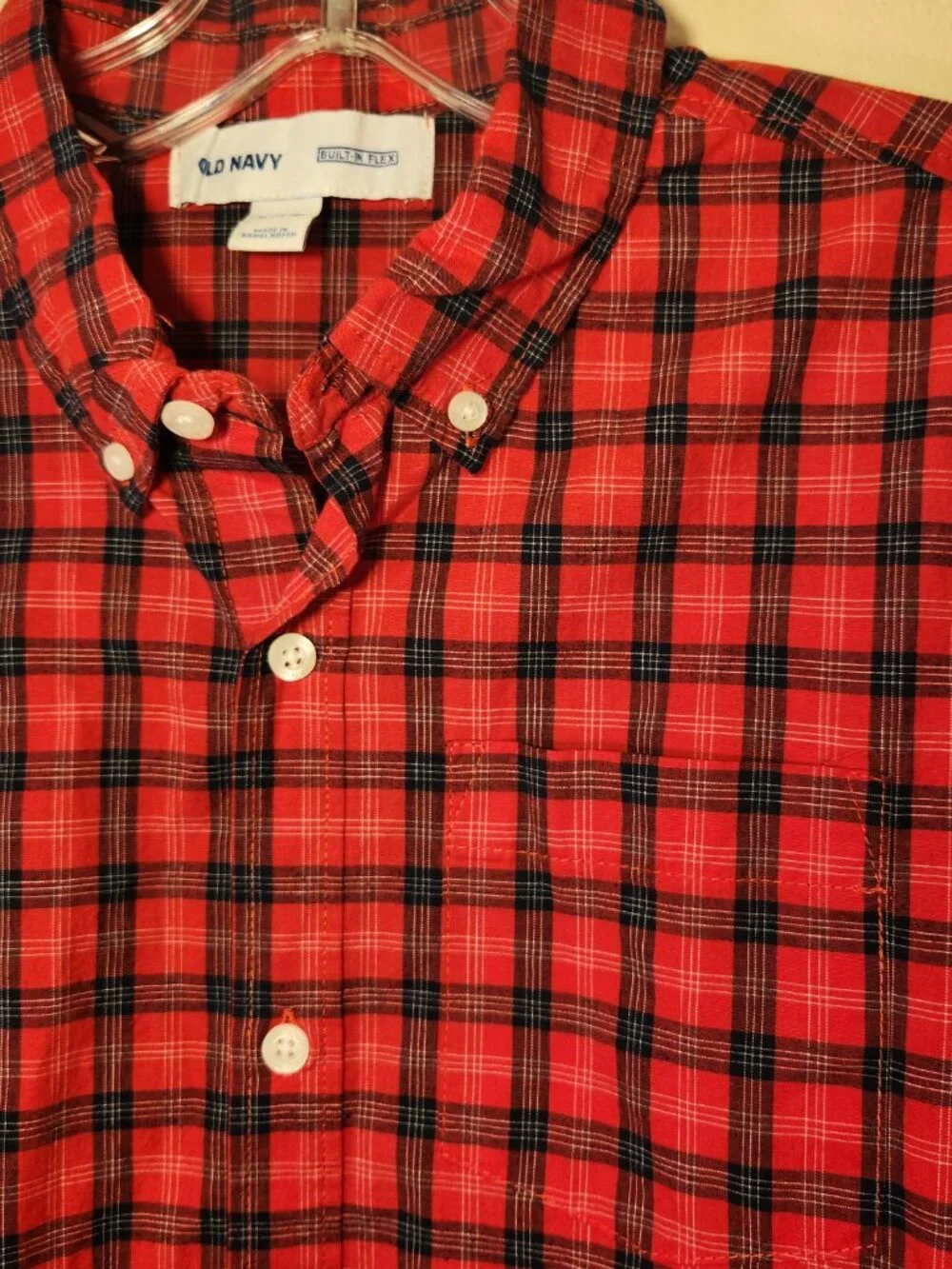 Old Navy Built in Flex Red and Black Plaid Shirt XL 14-16